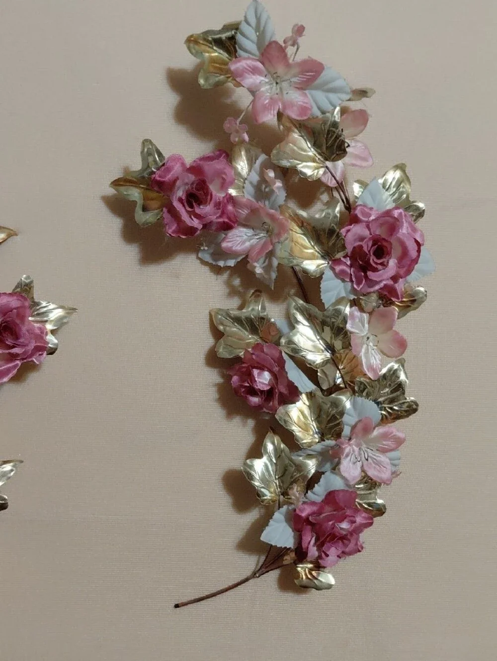 Home Interiors Pink and Gold Metal Floral Wall Sprays - Pair